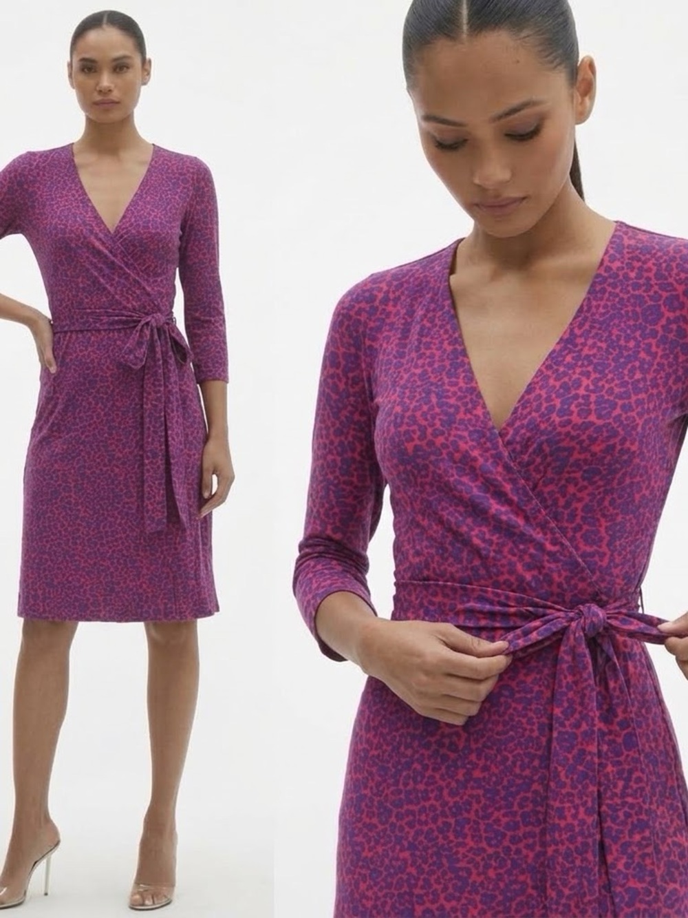 Diane Von Furstenberg Purple Red Camo Printed Wrap Dress 3/4 Sleeve Size 0Julian